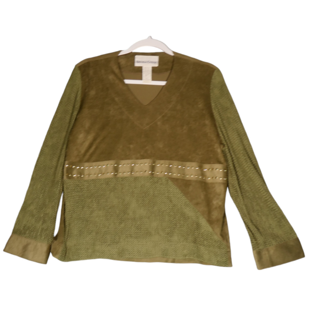 Vintage Brenda Goode Faux Suede Sweater Womens M Green Mixed Media Studded Boho